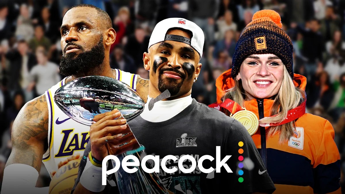 Collage of sports stars and the Peacock logo