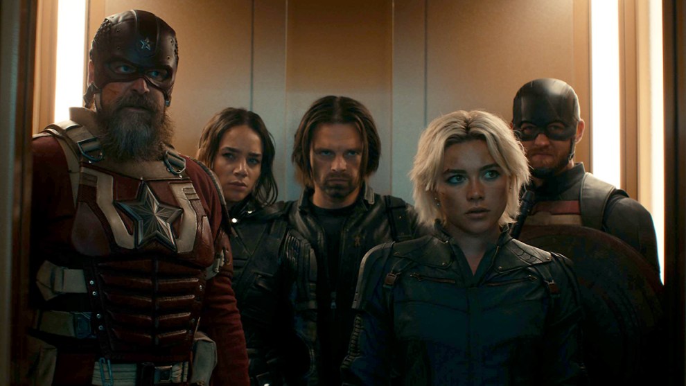 David Harbour, Hannah John-Kamen, Sebastian Stan, Florence Pugh, and Wyatt Russell in "Thunderbolts*" (Credit: Marvel Studios)