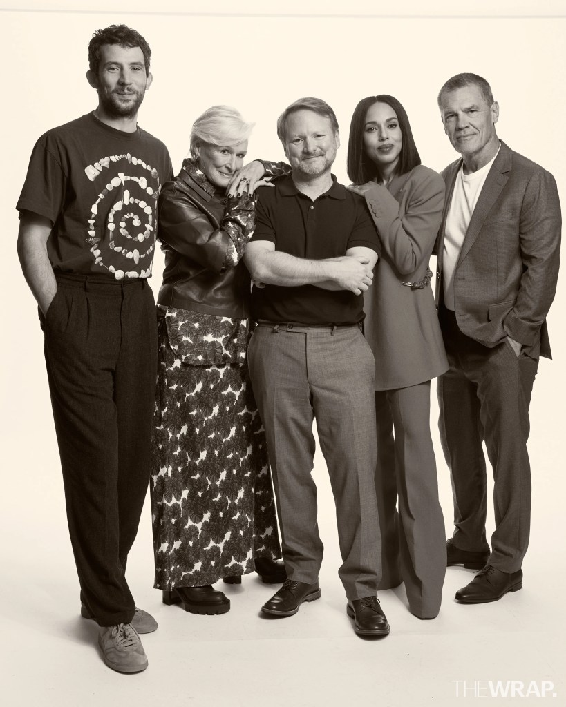 Josh O’Connor, actor, Glenn Close, actress, Rian Johnson, director, writer, producer, Kerry Washington, actress, and Josh Brolin, actor, "Wake Up Dead Man: A Knives Out Mystery"