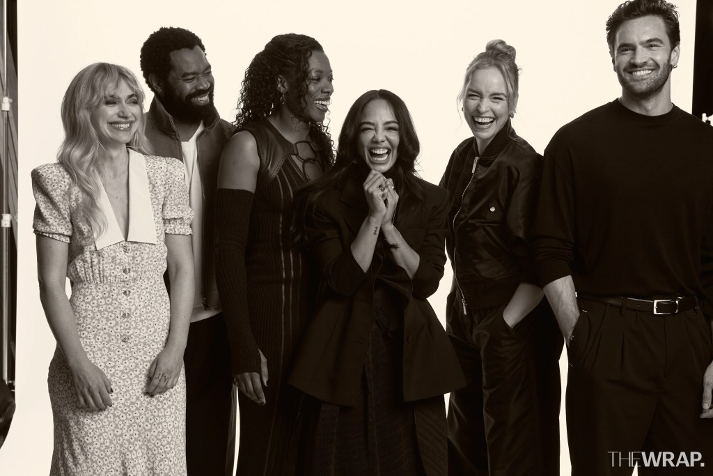 Imogen Poots, actress, Nicholas Pinnock, actor, Nia DaCosta, director, Tessa Thompson, actress, Nina Hoss, actress, and Tom Bateman, actor, “Hedda”