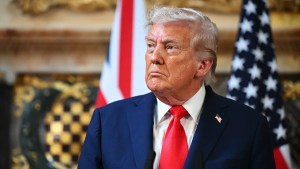 U.S. President Donald Trump attends a press conference with UK Prime Minister Keir Starmer (not pictured) at Chequers at the conclusion of a state visit on September 18, 2025 in Aylesbury, England