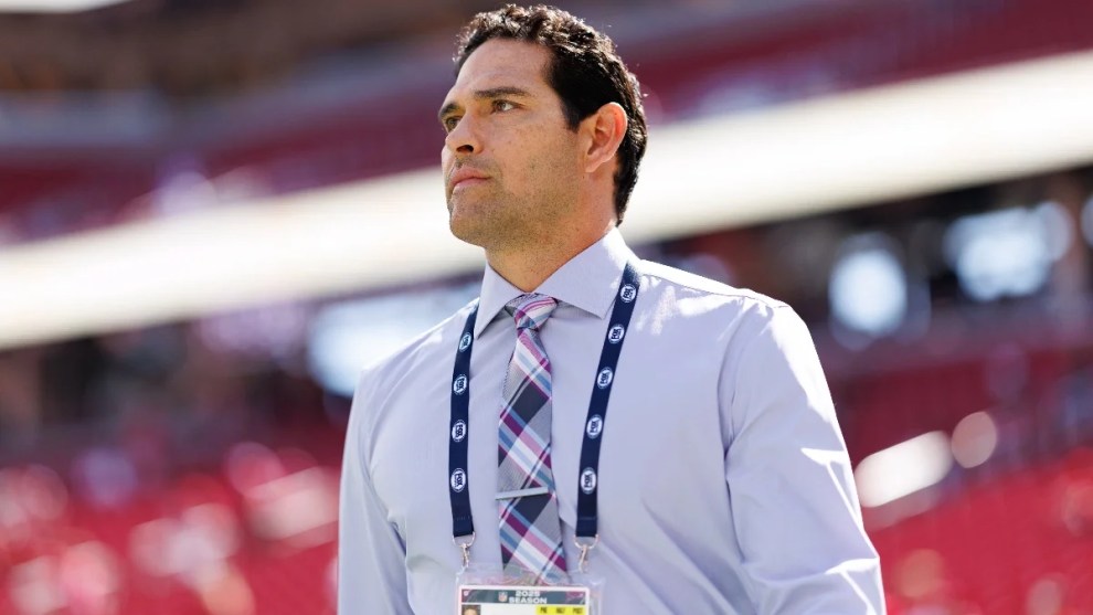 NFL broadcaster Mark Sanchez stands on the field prior to an NFL football game between the Arizona Cardinals and the San Francisco 49ers at Levi's Stadium on September 21, 2025 in Santa Clara, California