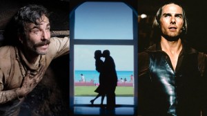 Left to right: A split image of Daniel Day-Lewis in "There Will Be Blood," Emily Watson and Adam Sandler kissing in silhouette in "Punch-Drunk Love" and Tom cruise in "Magnolia"