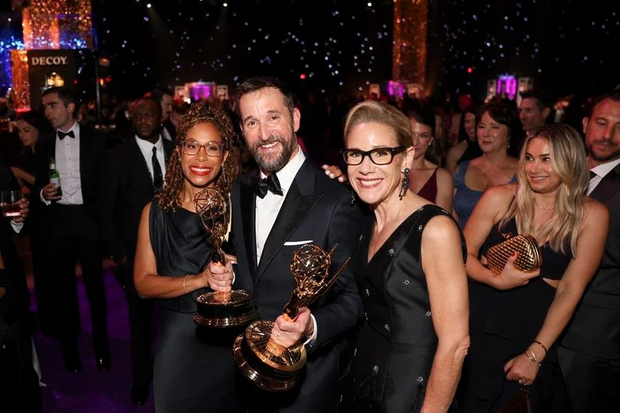 (Left to Right) Channing Dungey, Noah Wyle and Clancy Collins White celebrate Wyle's first Emmy Award win for “The Pitt” at the 77th Emmy Awards Governors Gala in Los Angeles. (Decoy Wines)