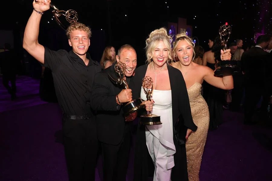 (Left to Right) Alfie Graham, Stephen Graham, Hannah Walters and Grace Graham celebrate the “Adolescence” wins at the Governors Gala after the 77th Primetime Emmy Awards in Los Angeles. (Kevin Winter/Getty Images)