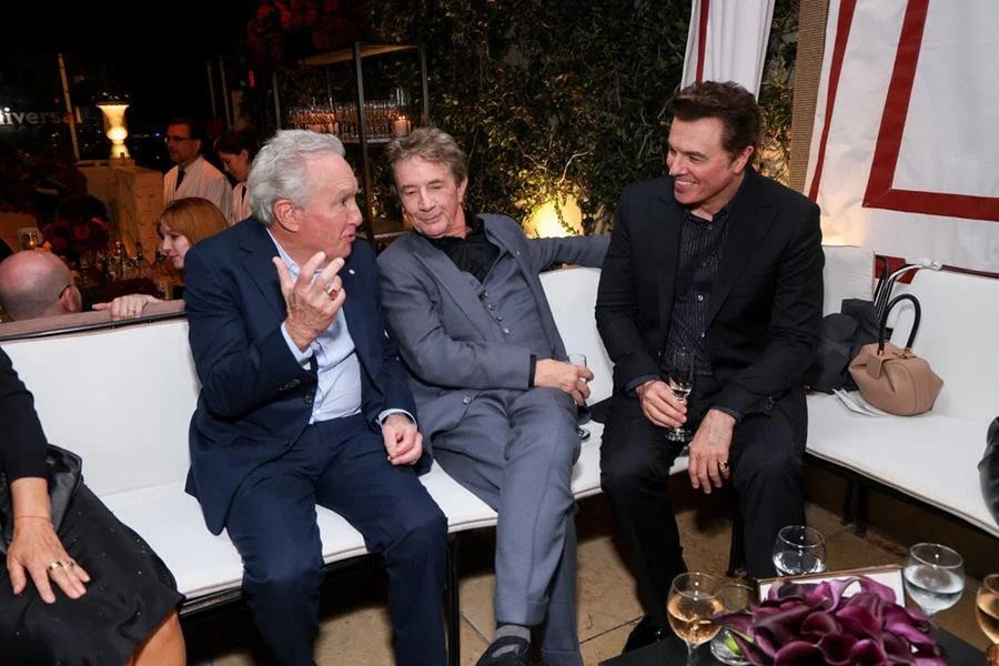 (Left to Right) Lorne Michaels, Martin Short and Seth MacFarlane have a meeting of the minds at the NBC/Universal pre-Emmy Awards bash at the Sunset Tower Hotel. (NBC/Universal)