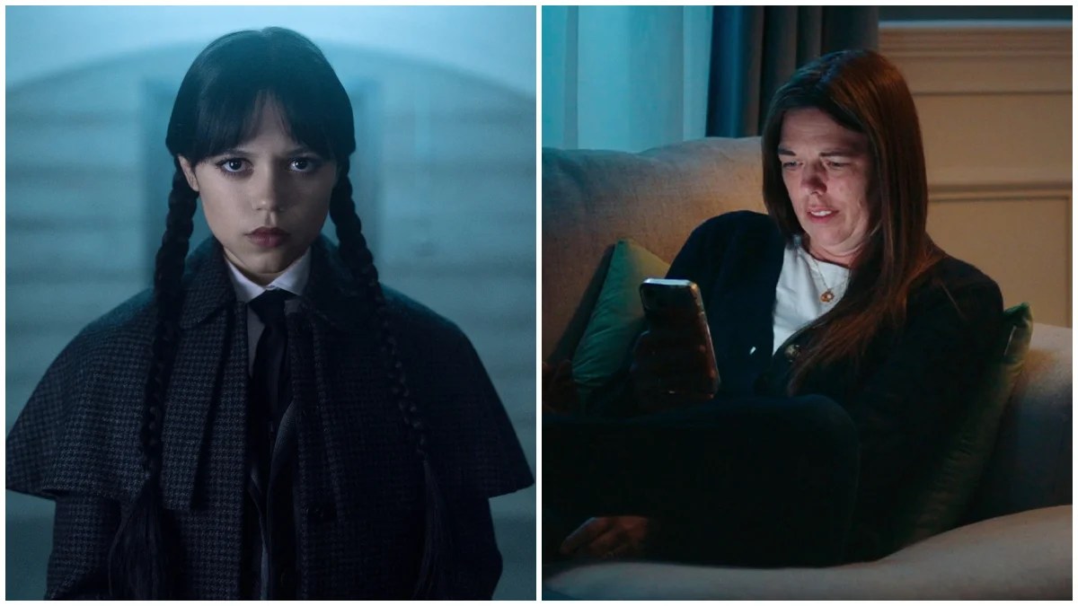A side-by-side image of Jenna Ortega as Wednesday Addams in "Wendesday" and Kendra Licari in "Unknown Caller"